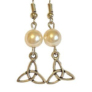 Celtic Knot Earrings Silver Plated Irish St Patricks Day White Glass Pearl